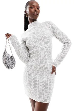 Simmi London Simmi high neck knitted mini dress in grey geo print