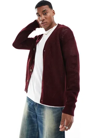 ASOS Relaxed knitted cardigan with aztec pattern in burgundy