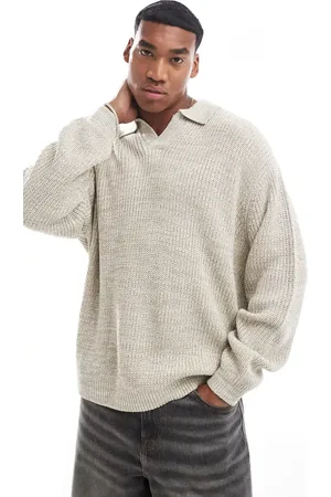 ASOS Knitted oversized fisherman rib notch neck jumper in oatmeal twist