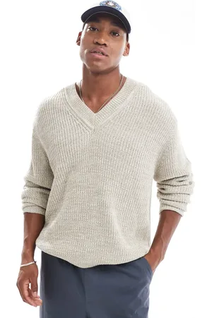 ASOS Knitted oversized fisherman rib v-neck jumper in oatmeal twist