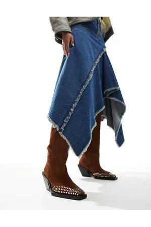 ASOS Cassie premium suede western knee boots with stud detail in chocolate