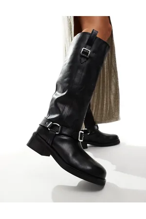 ASOS Cora leather harness biker knee boots in