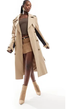 French Connection Twill trench coat with contrast stripe back in camel