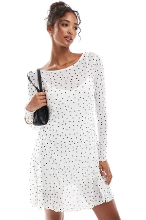 New Look Mesh long sleeve mini dress in cream spot