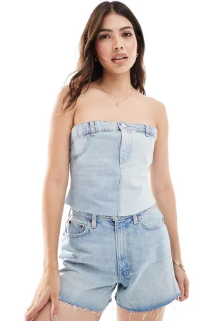 Pull&Bear Contrast denim waistband detail corset in washed