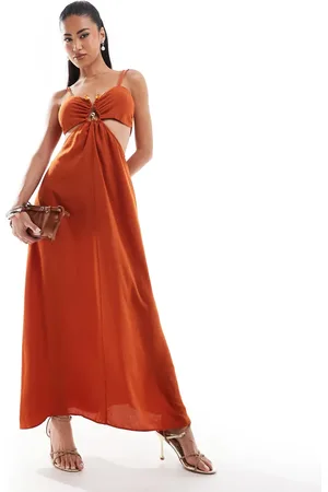 ASOS Cut out midi dress with gold & stone hardware in cinnamon