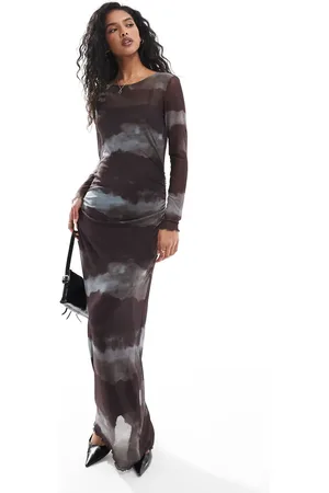 VILA Mesh maxi dress in chocolate watercolour print