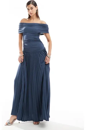Lioness Knit ruched bardot drop waist pleated maxi dress in