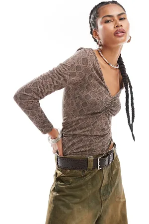 Monki Jersey long sleeve top with ruche v front in snake print