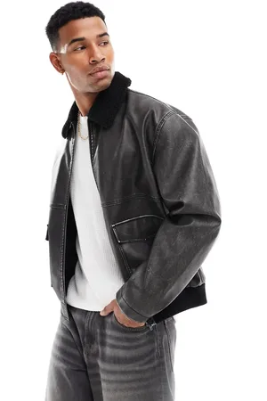 ASOS Faux leather distressed flight jacket with borg collar in