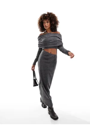 ASOS Fluffy ribbed bardot fauxord midaxi dress in charcoal marl