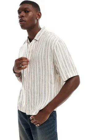 Abercrombie & Fitch Striped linen short sleeve shirt in cream