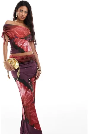 Kaiia Exclusive slinky ruched column maxi skirt co-ord in red and purple flower print