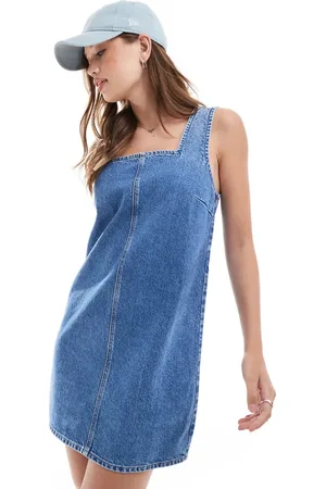 ASOS Denim square neck shift dress in mid