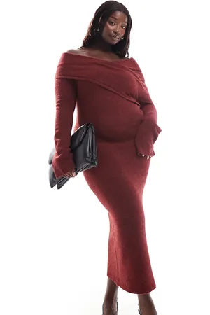 ASOS ASOS DESIGN Curve knitted midi dress with bardot wrap detail in burgundy