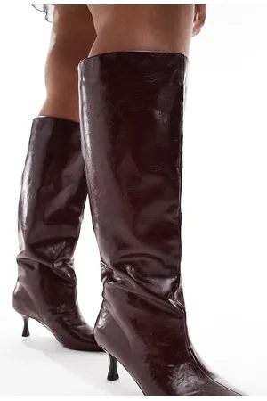 ASOS Curve Crimson pull-on kitten heeled knee boots in burgundy