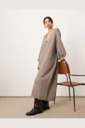 ASOS Knit balloon sleeve midi dress with zip detail in taupe