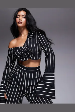 ASOS Striped co-ord off shoulder cropped shirt in black and