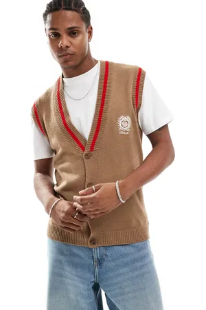 ASOS Knitted sleeveless cardigan with chest embroidery in stone with red tipping
