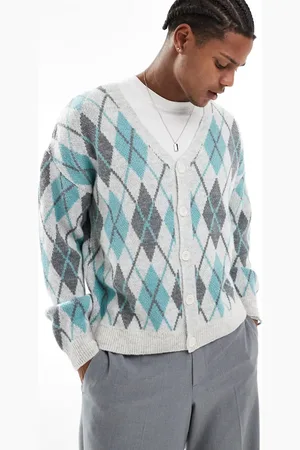 ASOS Relaxed fluffy knitted cardigan with argyle pattern in light