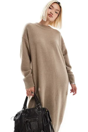 Monki Long sleeve knitted midi dress in beige
