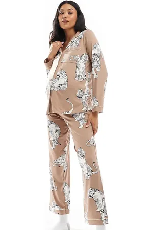 Chelsea Peers Exclusive Maternity poly tiger print button long sleeve top and trouser pyjama set in chocolate