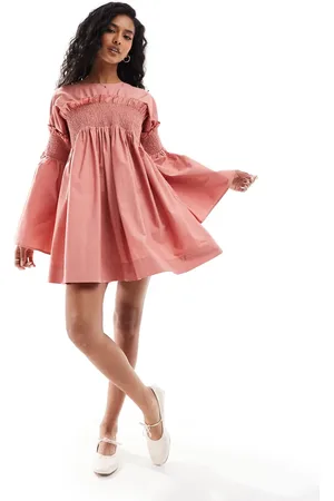 ASOS Shirred cotton mini dress with flare sleeve in rose