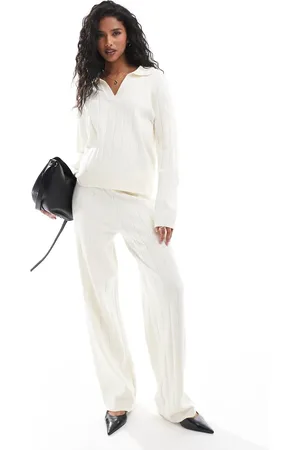 Y.A.S Wide rib knitted trouser co-ord in cream - CREAM