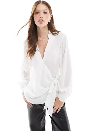 ASOS Plunge wrap detail long sleeve blouse in Ivory