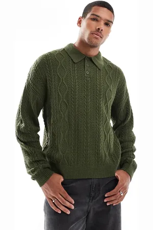 ASOS Relaxed cable knitted polo jumper in khaki
