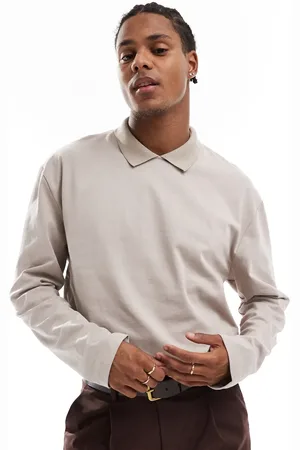 ASOS Relaxed long sleeve polo with crew neck polo collar in stone