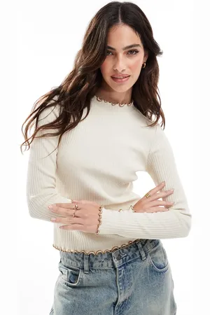 VERO MODA Ribbed long sleeve top in cream with tan contrast tipping
