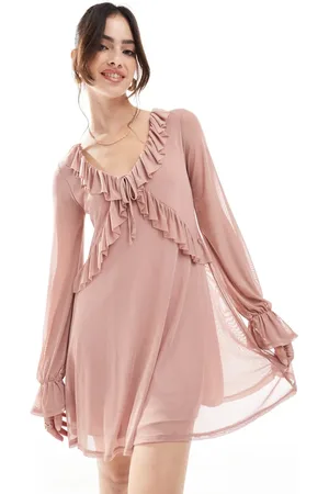 Miss Selfridge Frill detail long sleeve mini dress in blush