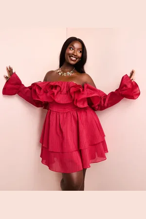 ASOS Curve off shoulder frill mini dress with wired hem & corsetted waist in Burgundy
