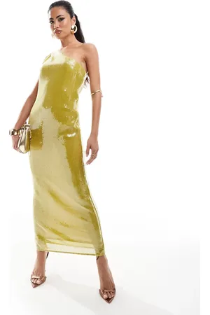 ASOS Sheer sequin one shoulder midi dress in chartreuse
