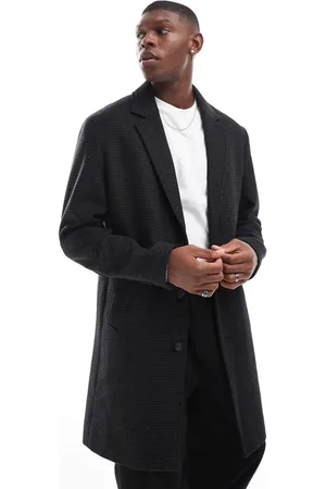 JACK & JONES Wool mix long overcoat in dark houndstooth