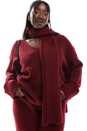 4th & Reckless Deep cuff v neck scarf detail jumper co-ord in burgundy