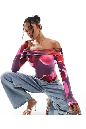 Kaiia Exclusive slinky bardot open back long sleeve body in dark purple print