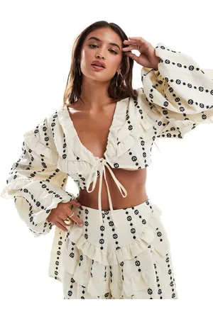 ASOS Embroidered frill crop top co-ord in cream
