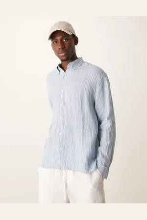 Abercrombie & Fitch Long sleeve striped linen shirt in blue and