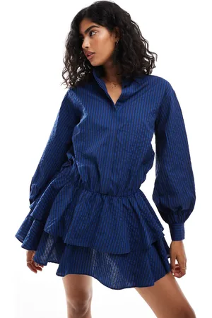 ASOS Mini shirt dress with ruffle hem skirt in navy stripe