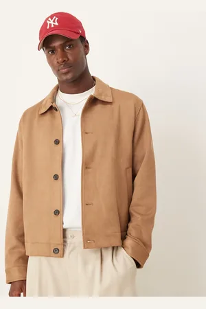 Abercrombie & Fitch Tailored faux suede button front jacket in tan
