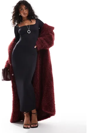 Bershka Long sleeve square neck bodycon midaxi dress in