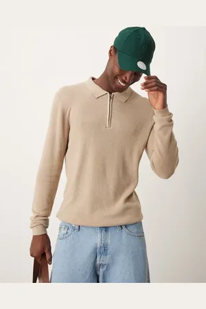 New Look Long sleeve 1/4 zip polo in stone