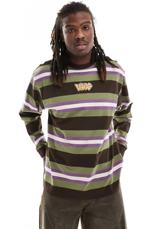 Vans Wilton long sleeve knitted striped jumper with central logo in green and brown