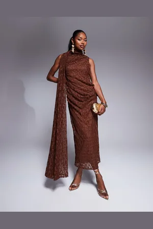 ASOS Lace sleeveless ruched drape detail midi dress in chocolate