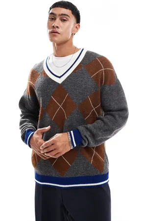 ASOS Relaxed boxy fit knitted jumper in and brown argyle pattern