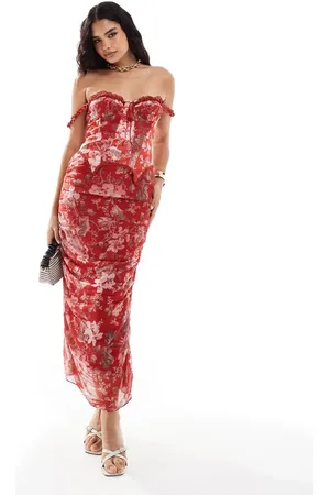 ASOS Off the shoulder satin corset detail chiffon ruched midi dress in red floral print