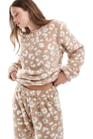 Loungeable Cosy sherpa twosie nightwear set in taupe