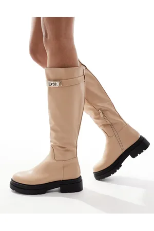 SEQWL Knee high flat riding boot in stone
